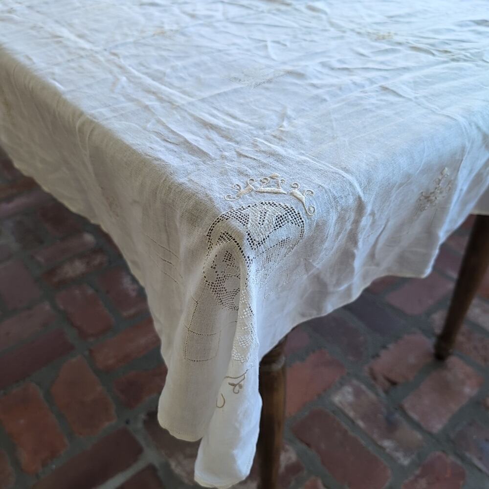 Vintage Handmade Tablecloth Whitework Embroidery & Filet Lace Inserts 50" x 50"